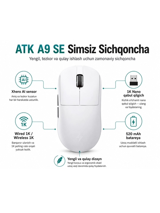 Беспроводная мышь ATK A9 SE, USB-наноприемник 2,4 ГГц, эргономичный дизайн, белый цвет - 