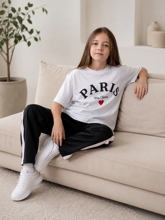 Спортивный костюм для девочек, футболка PARIS и широкие брюки, 7-10 лет