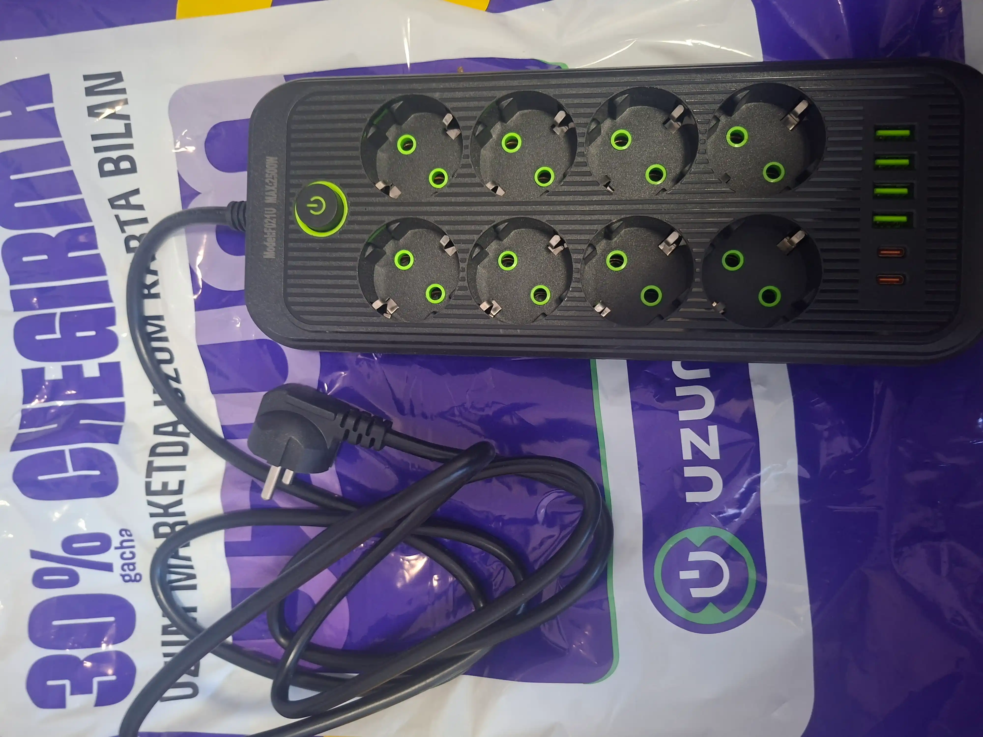 Elektr uzaytirgich, 2 metr, 3 ta USB port, Type-C, tarmoq filtri