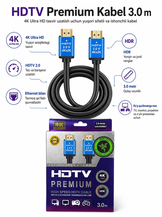 HDMI-кабель HDTV 2.0 4Kx2K 3M, HDR и Ethernet, для телевизора, монитора, компьютера - 