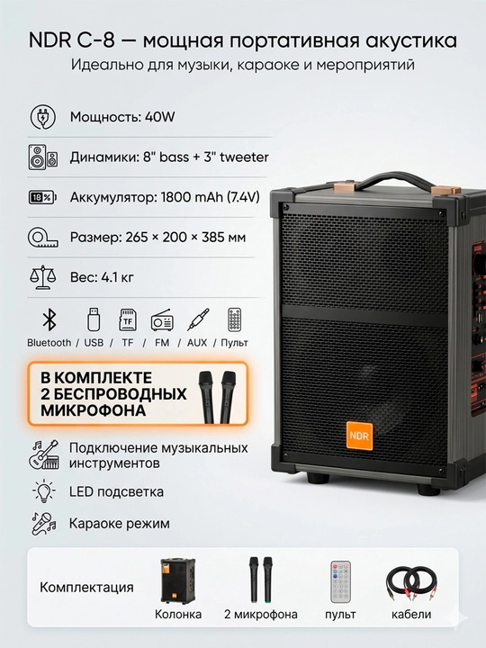 Bluetooth колонка с микрофоном, беспроводная колонка, микрофон караоке, бас