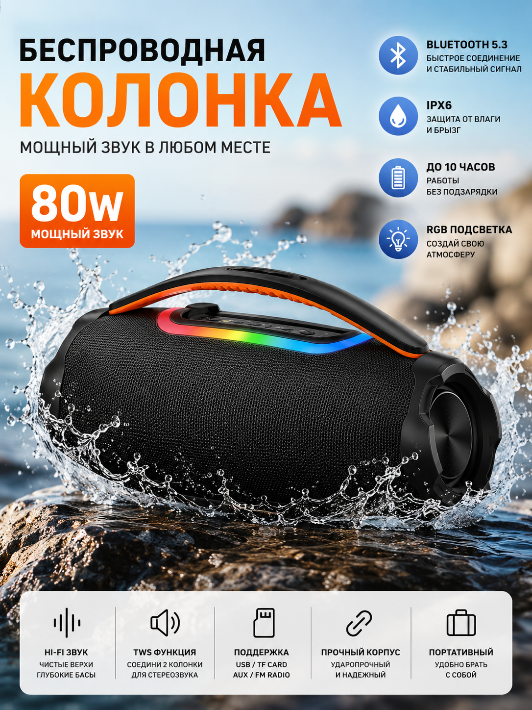 Портативная Bluetooth колонка  Беспроводная акустика  Мощный звук - 