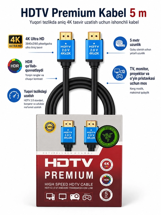 HDTV 2.0 4Kx2K HDMI-кабель 5 м, HDR и Ethernet, для телевизора, монитора, ПК - 