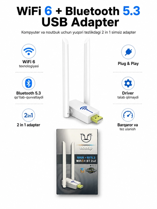 USB-адаптер 2-в-1 с поддержкой Wi-Fi 6 и Bluetooth 5.3 с двумя антеннами для ПК и ноутбука - 