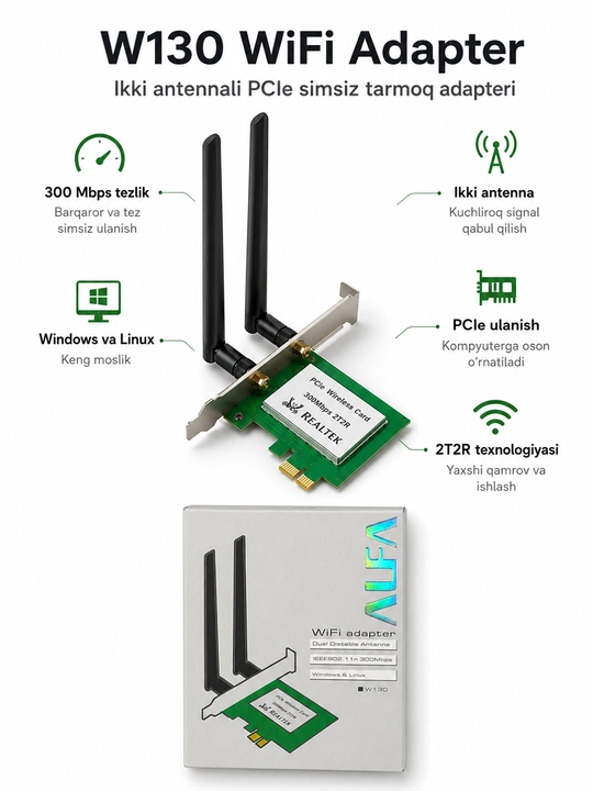 Wi-Fi адаптер W130 PCIe 300 Мбит/с, с двумя антеннами, сетевой адаптер для Windows и Linux - 