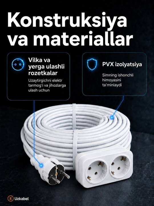 Удлинитель ПВС 3×2,5 мм², 2 розетки с заземлением, белый, 2–100 м