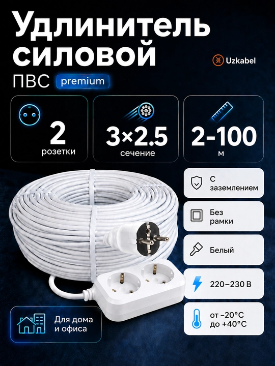Удлинитель ПВС 3×2,5 мм², 2 розетки с заземлением, белый, 2–100 м - 