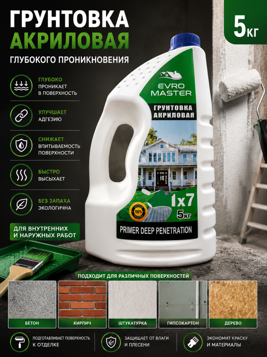 EVRO MASTER Akril Gruntovka Chuqur Singuvchi Primer 3 kg / 5 kg Ichki va Tashq