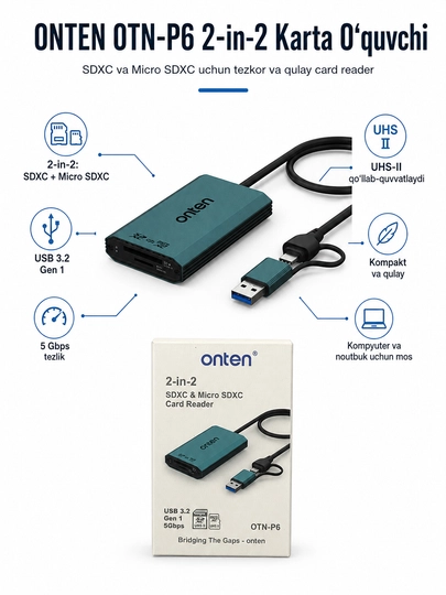 Устройство чтения карт памяти ONTEN OTN-P6 2-в-2 для SD и MicroSD карт, USB 3.2  5 Гбит/с - 