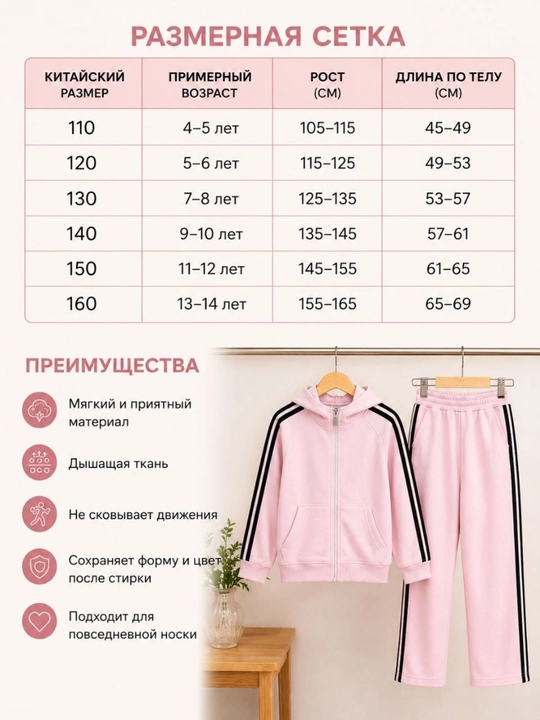 Спортивный костюм для девочки, худи с капюшоном и брюки, хлопок, комплект 2 предмета