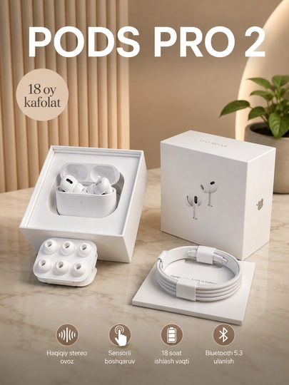 A Pods Pro 2 Premium simsiz quloqchinlari, iPhone va Android uchun Bluetooth, sensorli - 