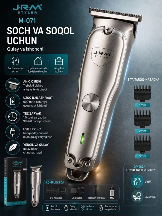 Trimmer M-071, soch va soqol olish mashinasi, soqol olish mashinalari mo`ylov uchun ustara