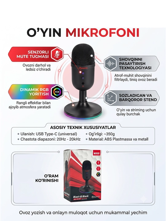 Игровой микрофон Marvo Blast 40 MIC-06 BK RGB с USB Type-C для стриминга и подкастинга - 
