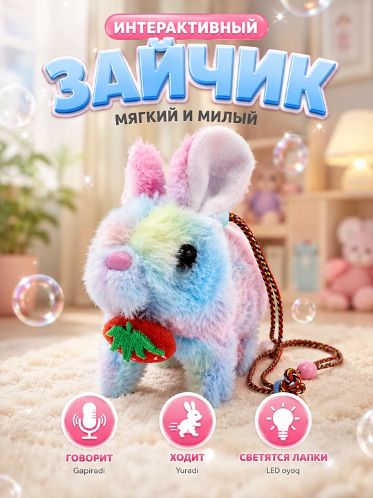 Интерактивная мягкая игрушка-зайчик, которая ходит и издает звуки; бонус в комплекте - 