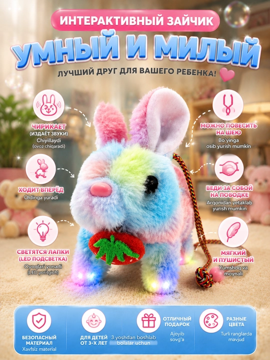 Интерактивная мягкая игрушка-зайчик, которая ходит и издает звуки; бонус в комплекте