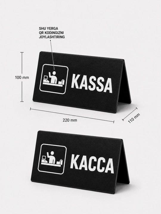 Ikki tomonlama plastik stend stol uchun “KASSA / КАССА” – 220×100×110 mm