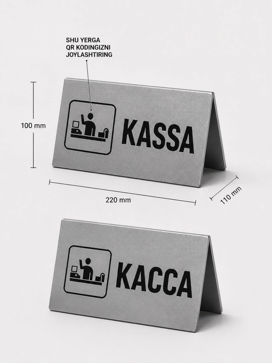 Ikki tomonlama plastik stend stol uchun “KASSA / КАССА” – 220×100×110 mm