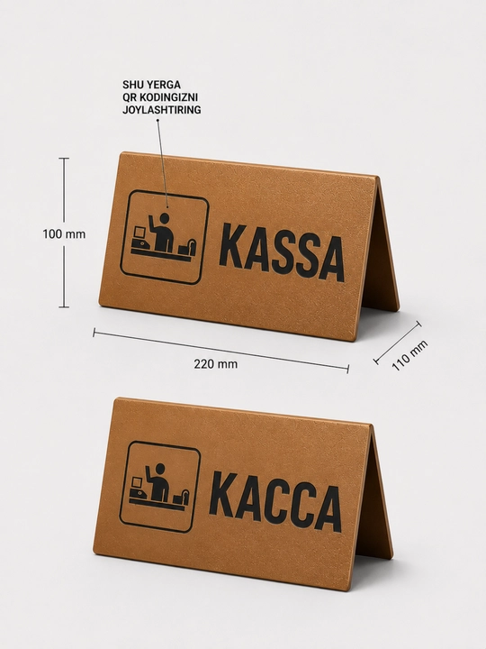 Ikki tomonlama plastik stend stol uchun “KASSA / КАССА” – 220×100×110 mm