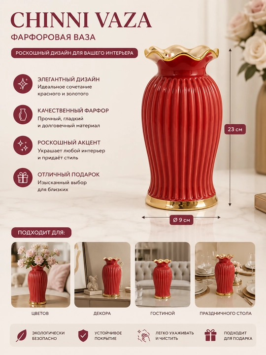 Chinni vaza - hashamatli oltin dizayn, balandligi 23 sm, diametri 9 sm - 
