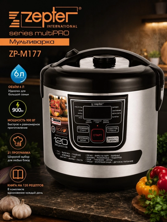 Мультиварка Zepter объём 6 л 21 программа и книга на 120 рецептов для вкуса на каждый день - 