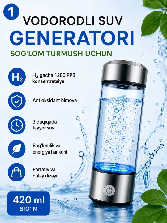 Vodorodli suv generatori 420 ml – Type-C zaryadli Hydrogen Water Bottle - 