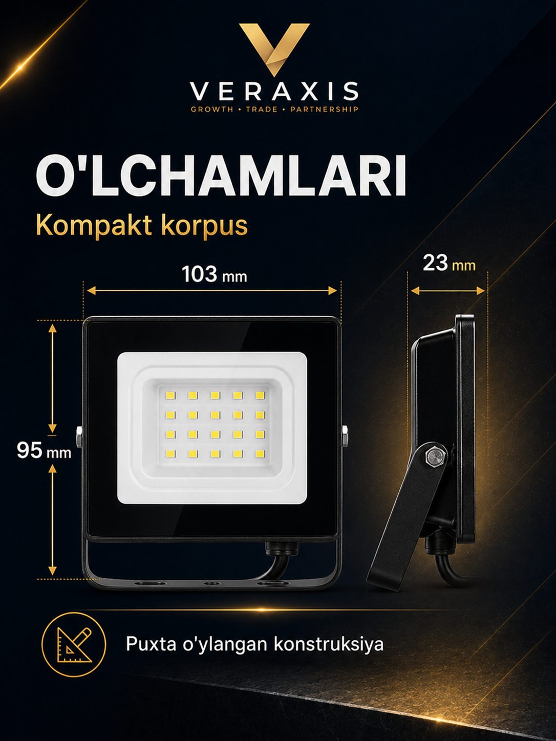 20 Vt IP65 6500K ko‘cha uchun svetodiodli projektor, qora