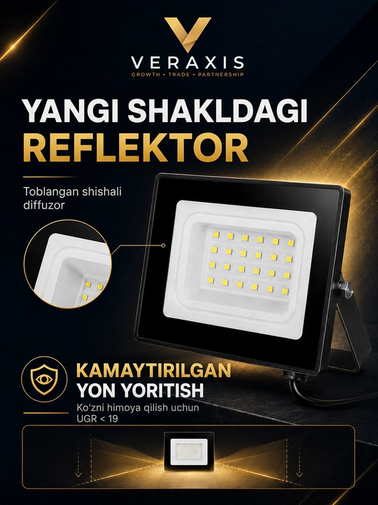 20 Vt IP65 6500K ko‘cha uchun svetodiodli projektor, qora