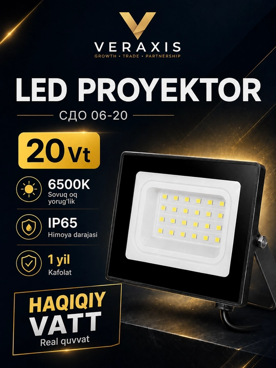 20 Vt IP65 6500K ko‘cha uchun svetodiodli projektor, qora - 