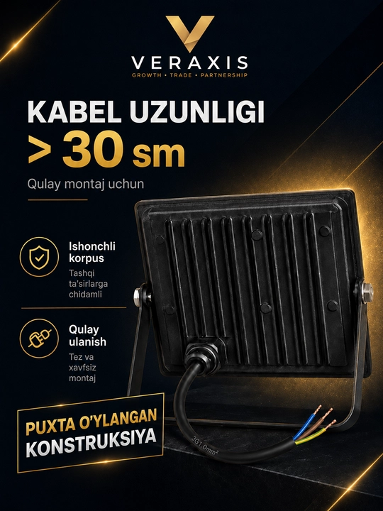 20 Vt IP65 6500K ko‘cha uchun svetodiodli projektor, qora