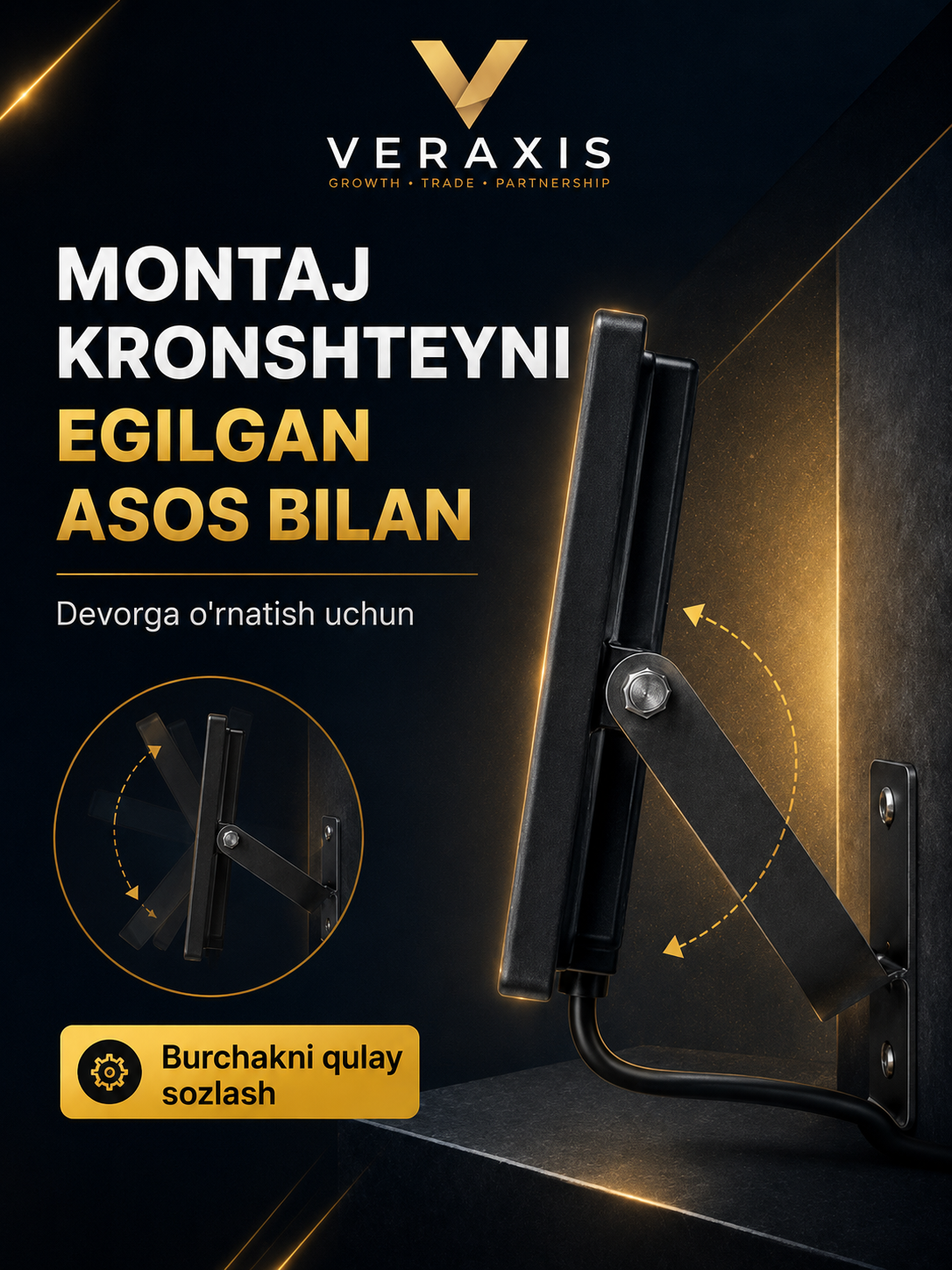 20 Vt IP65 6500K ko‘cha uchun svetodiodli projektor, qora