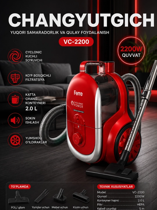 Changyutgich, Ferre VC-2200, 2200W, HEPA filtr, 2L konteyner, siklon, uy tozalash - 
