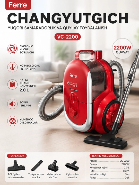 Changyutgich, Ferre VC-2200, 2200W, HEPA filtr, 2L konteyner, siklon, uy tozalash
