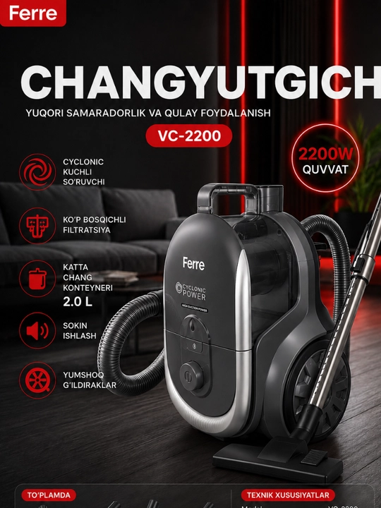 Changyutgich, Ferre VC-2200, 2200W, HEPA filtr, 2L konteyner, siklon, uy tozalash - 
