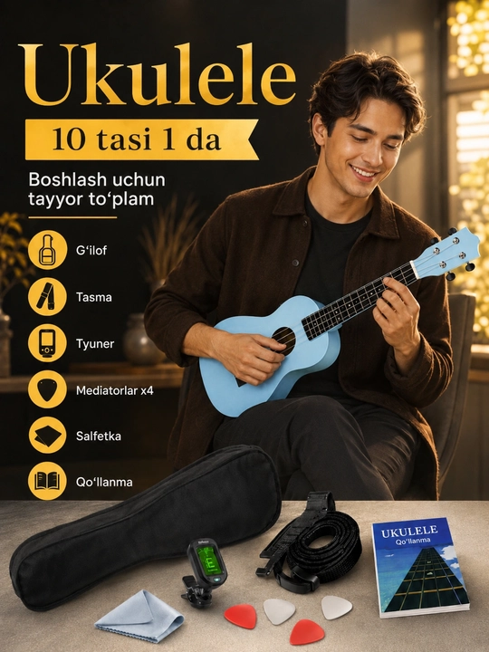 Konsert ukulelesi, 58 sm, musiqa asboblari to‘plami, mini gitara