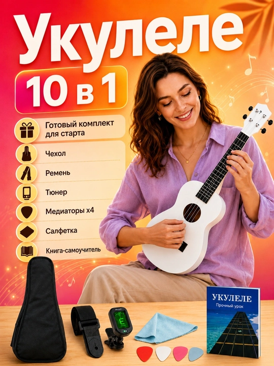 Konsert ukulelesi, 58 sm, musiqa asboblari to‘plami, mini gitara