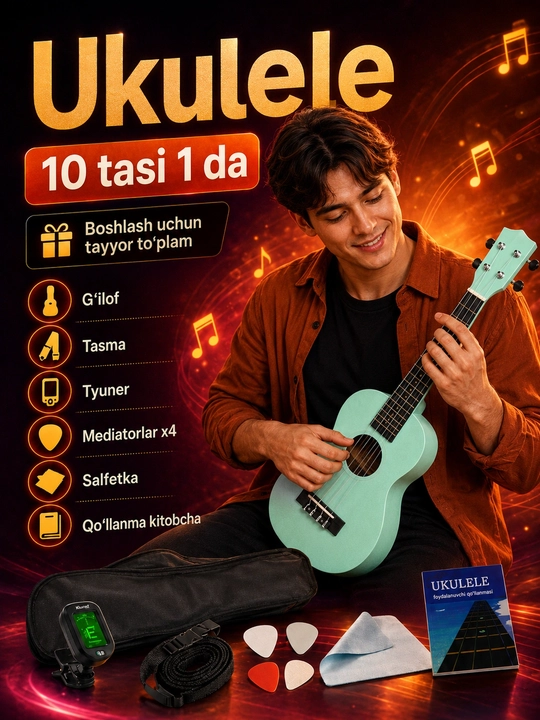 Konsert ukulelesi, 58 sm, musiqa asboblari to‘plami, mini gitara