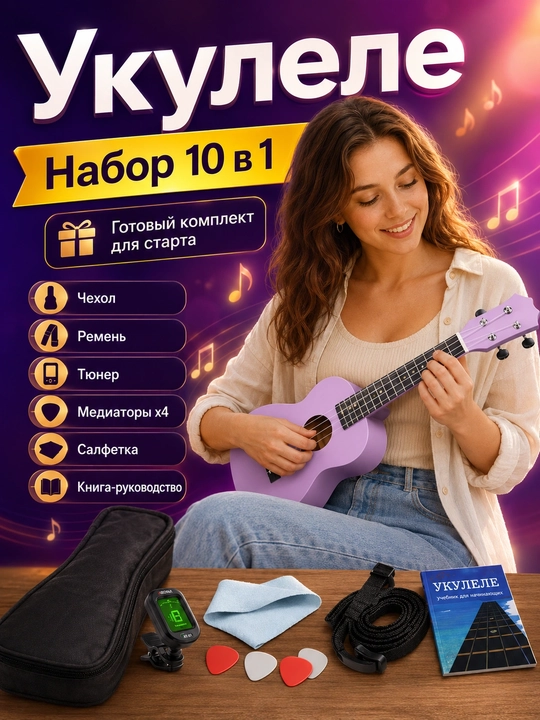 Konsert ukulelesi, 58 sm, musiqa asboblari to‘plami, mini gitara