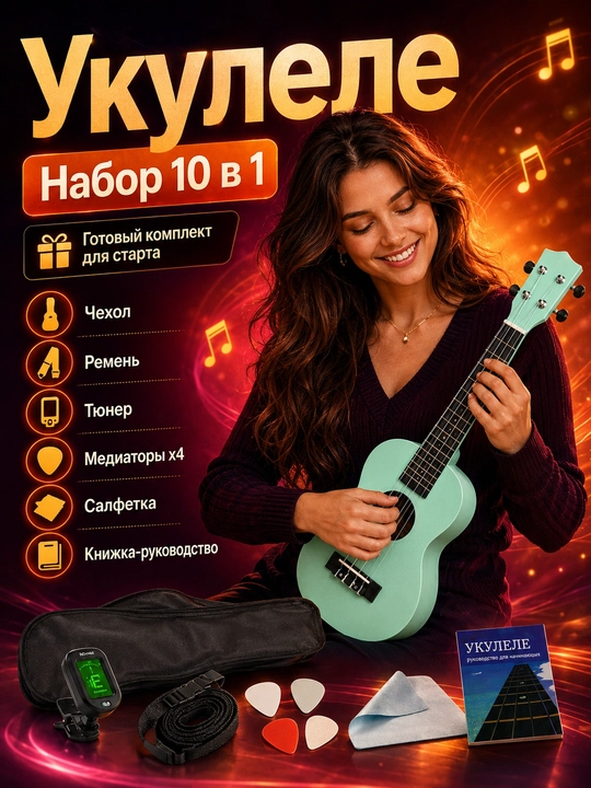 Konsert ukulelesi, 58 sm, musiqa asboblari to‘plami, mini gitara