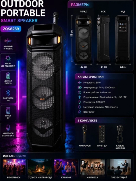 Bluetooth mikrofon va pultli ko‘chma karaoke karnay, JQS908S, ZQS4290, V122, ZQS8239