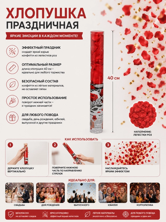 Bayram xlopushkalari 40 sm, har xil o'lcham ishlatish oson - 