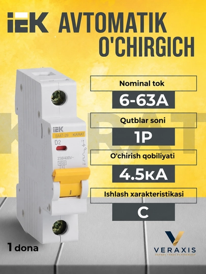 IEK VA47-29 KARAT 1P 6-63A avtomatik o‘chirgichi 4,5 kA, tavsifi C - 