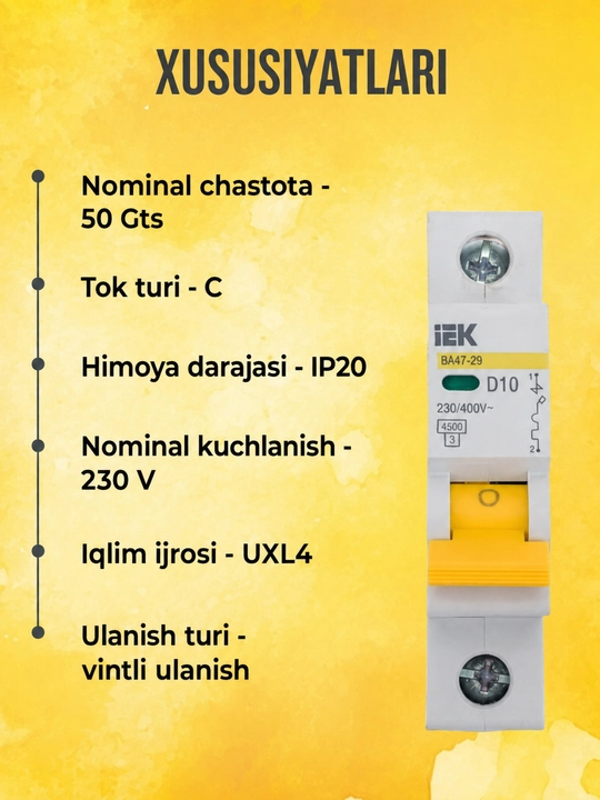 IEK VA47-29 KARAT 1P 6-63A avtomatik o‘chirgichi 4,5 kA, tavsifi C
