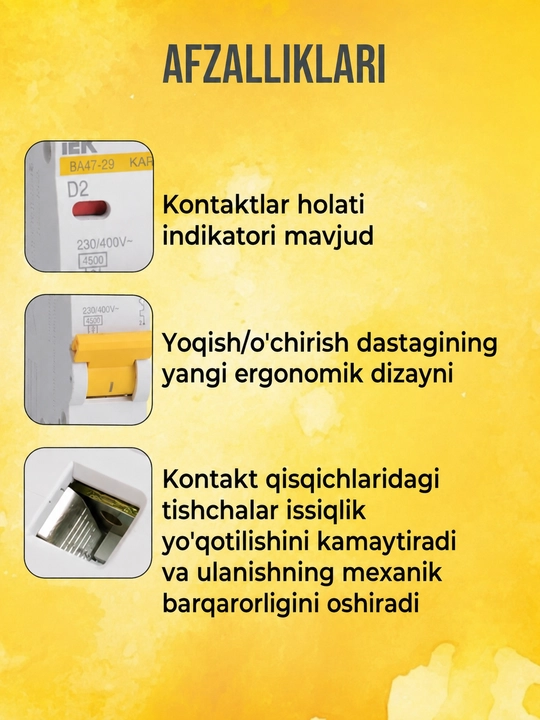 IEK VA47-29 KARAT 1P 6-63A avtomatik o‘chirgichi 4,5 kA, tavsifi C