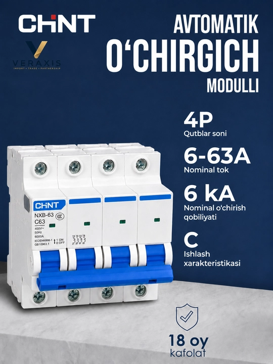 NXB-63 4P 6-63A 6 kA avtomatik o‘chirgichi, tavsifi C - 
