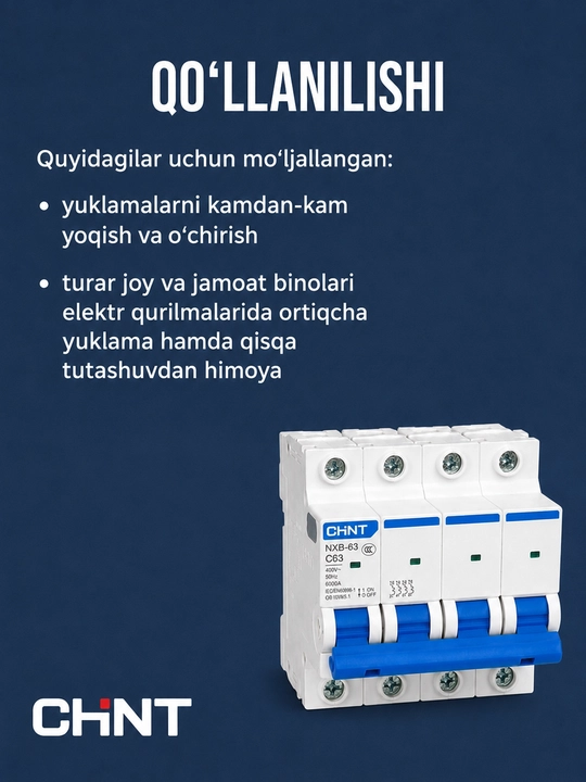 NXB-63 4P 6-63A 6 kA avtomatik o‘chirgichi, tavsifi C