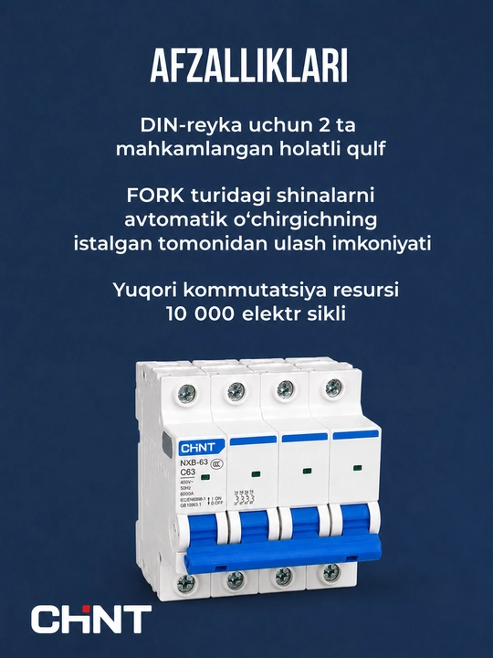 NXB-63 4P 6-63A 6 kA avtomatik o‘chirgichi, tavsifi C