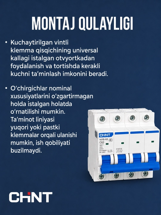 NXB-63 4P 6-63A 6 kA avtomatik o‘chirgichi, tavsifi C