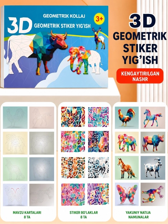 3D Geometrik Kollaj Stikerlari — Bolalar Uchun Mozaika Pazl, Asosiy va Kengaytirilgan, 3+
