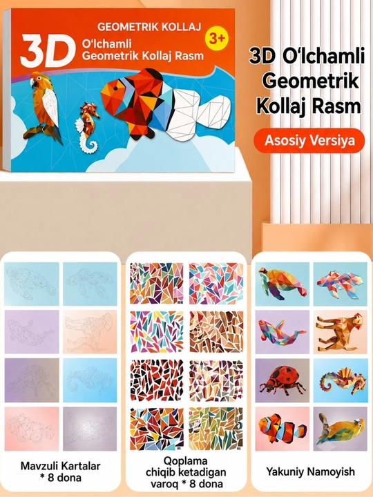 3D Geometrik Kollaj Stikerlari — Bolalar Uchun Mozaika Pazl, Asosiy va Kengaytirilgan, 3+