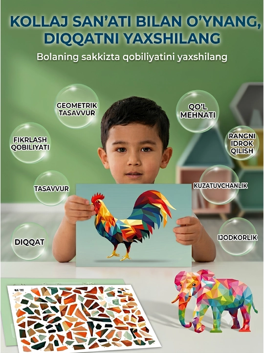3D Geometrik Kollaj Stikerlari — Bolalar Uchun Mozaika Pazl, Asosiy va Kengaytirilgan, 3+ - 